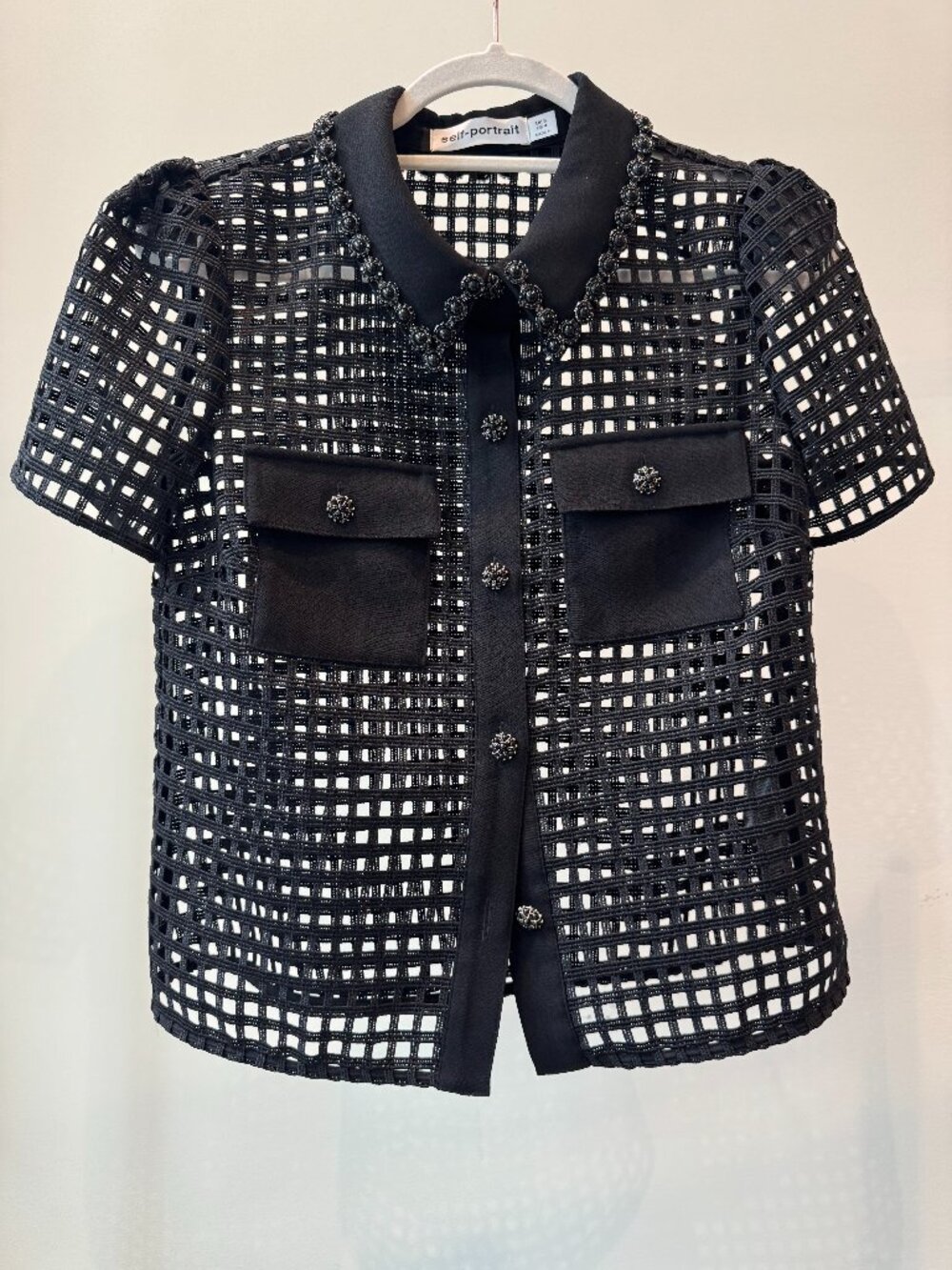 Self-Portrait Black Open-Weave Short Sleeve Button Jacket